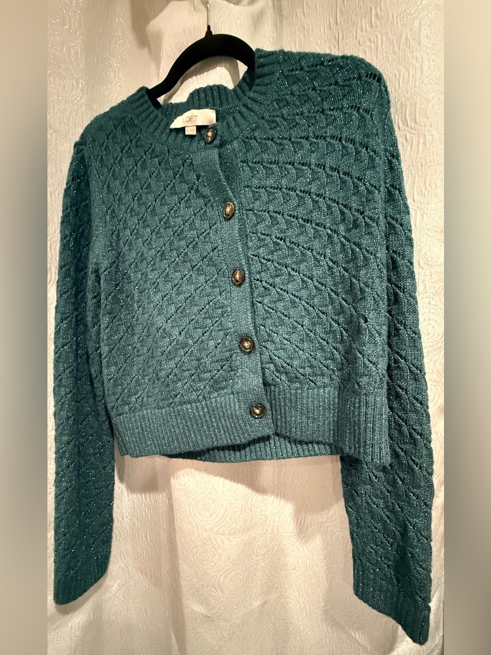 LOFT Teal Sparkle Cable Knit Button-Up Cardigan